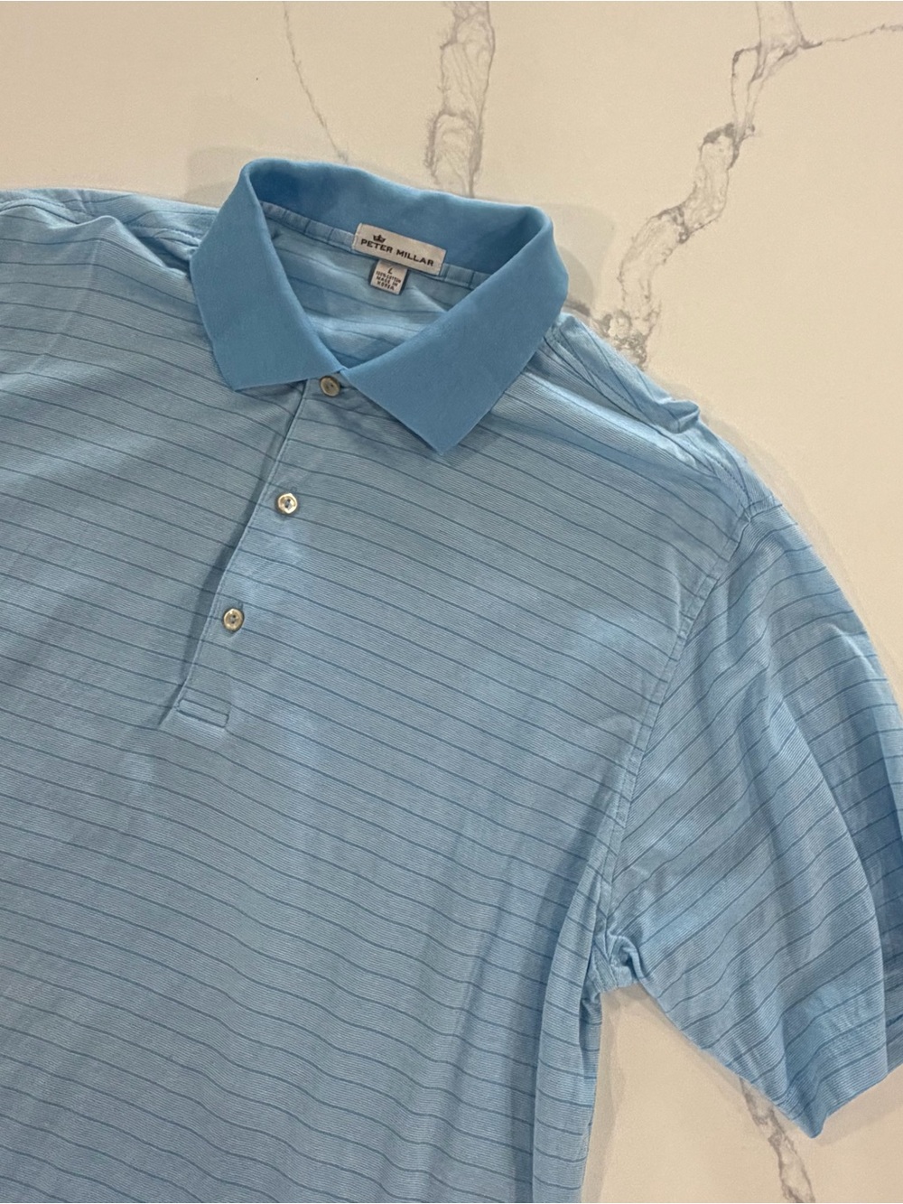 Peter Millar Men's Size Large Light Blue Striped Golf Polo Shirt Short Sleeve - Picture 2 of 3